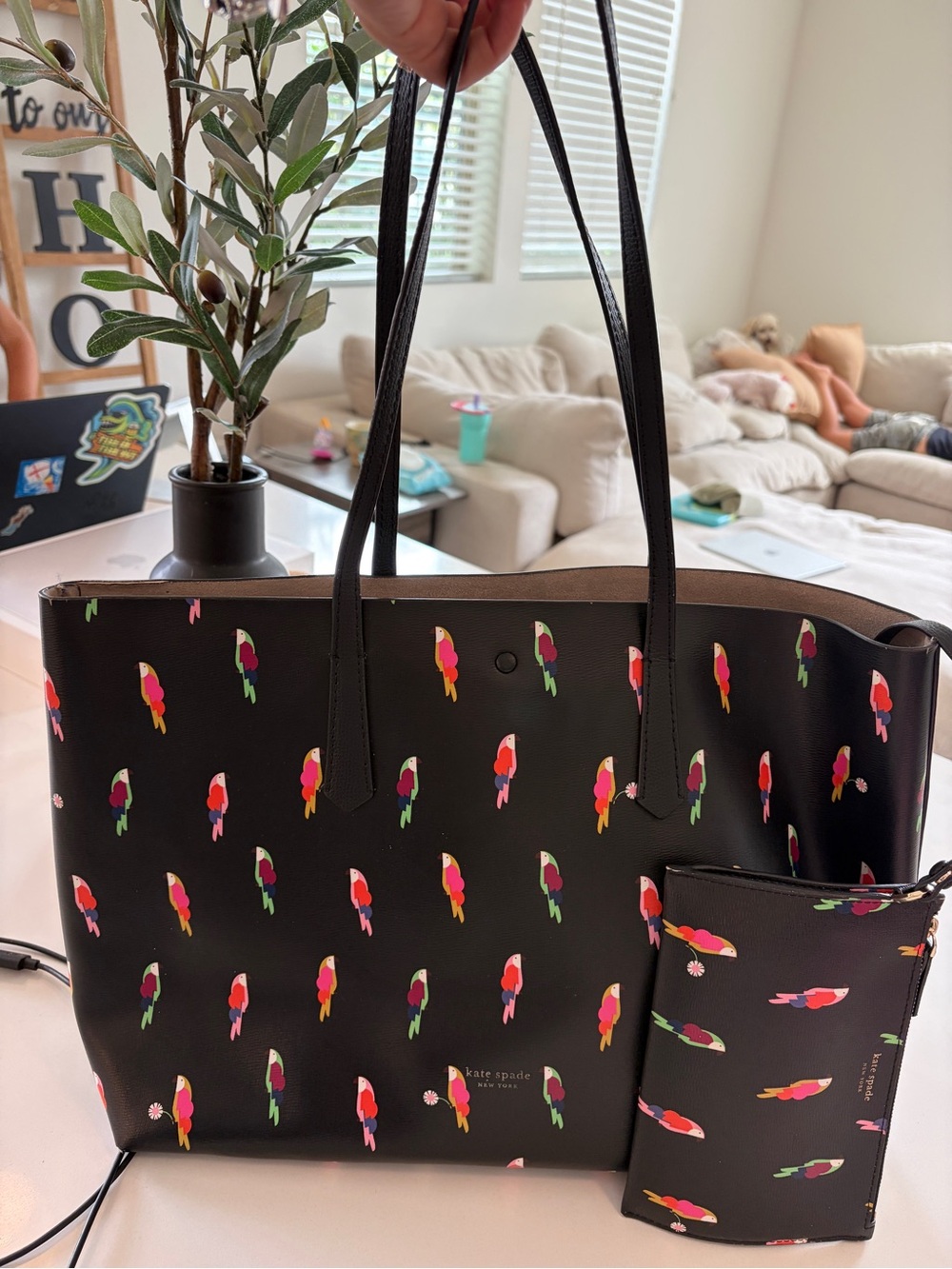 kate spade Black Tote with Multicolor Parrot Print